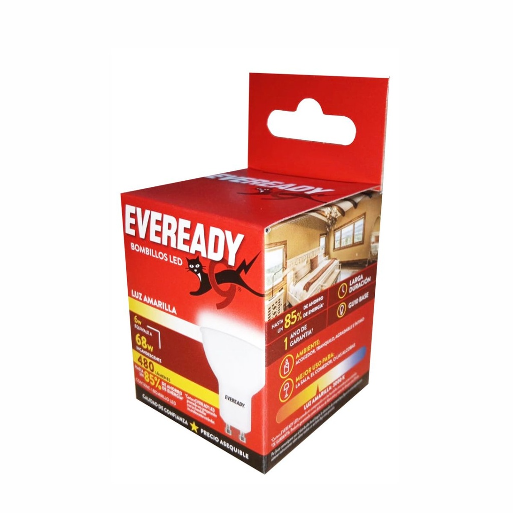 LAMPARA LED EVEREADY EV6U480A-A GU10 6W LUZ AMARILLA