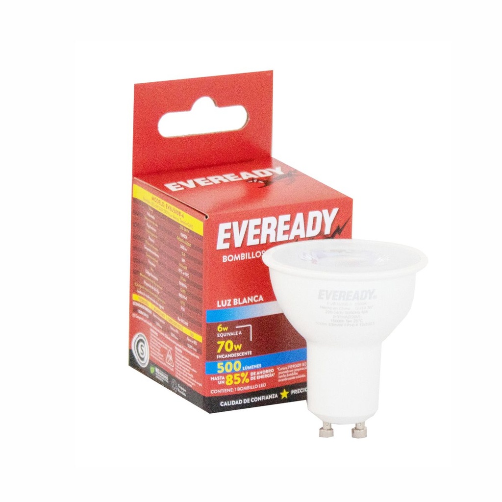 LAMPARA LED EVEREADY EV6U500B-A GU10 6W LUZ BLANCA